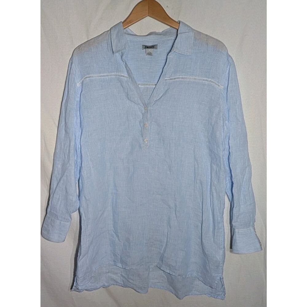 DKNY Womens Linen Swim Cover Tunic L Blue White Roll Tab Sleeve Coastal Summer